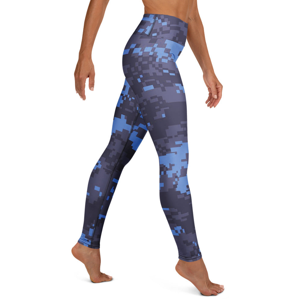 Navy digital camouflage yoga leggings with slim leg and ankle-length coverage.