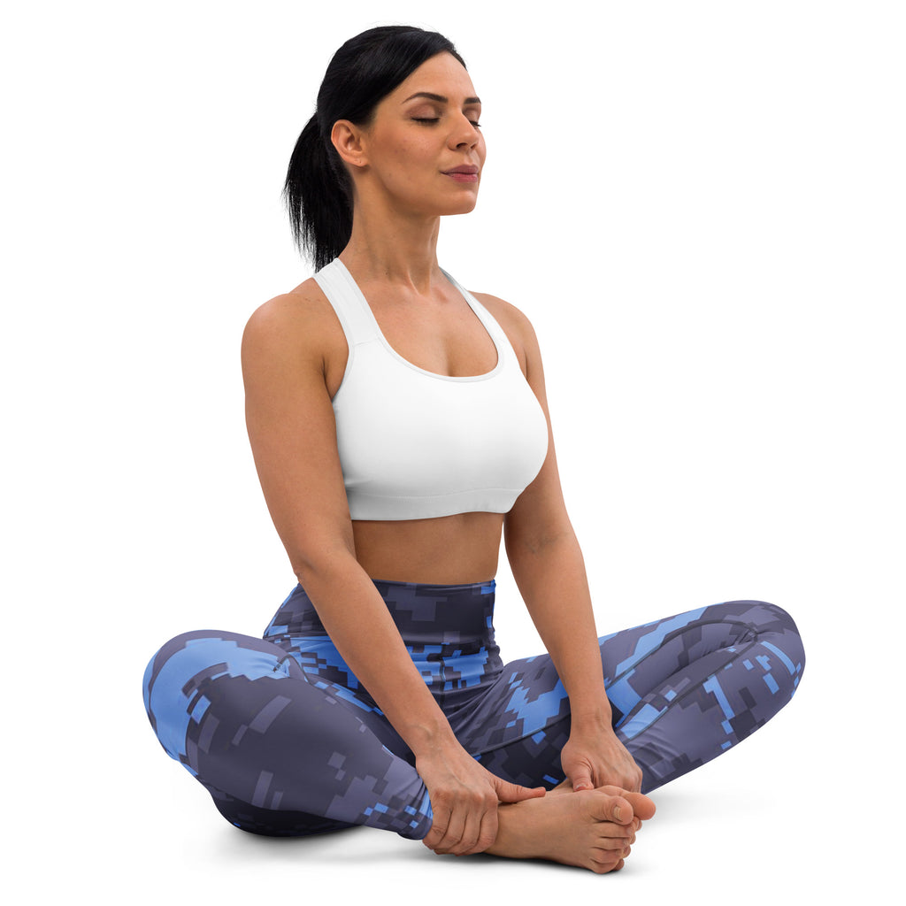 Navy digital camouflage yoga leggings with supportive stretch waistband and slim leg.