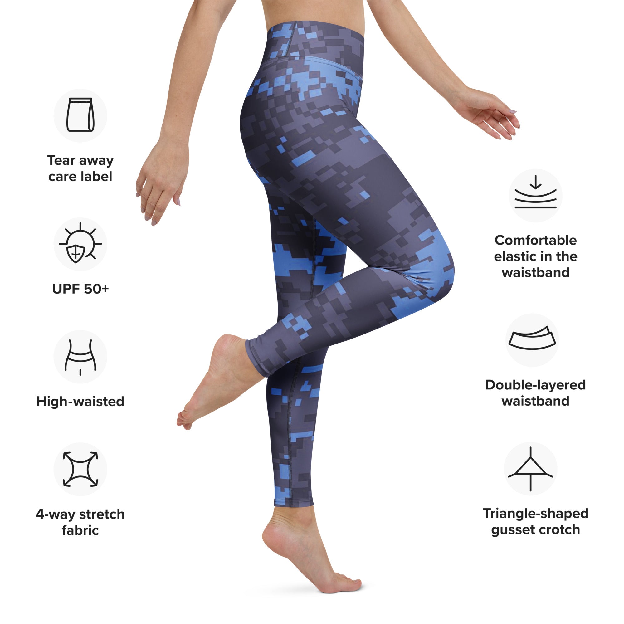 High-waisted navy digital camouflage yoga leggings with double-layer waistband and gusset