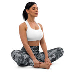 Women’s digital camo yoga leggings, high-rise waistband, full-length seated view