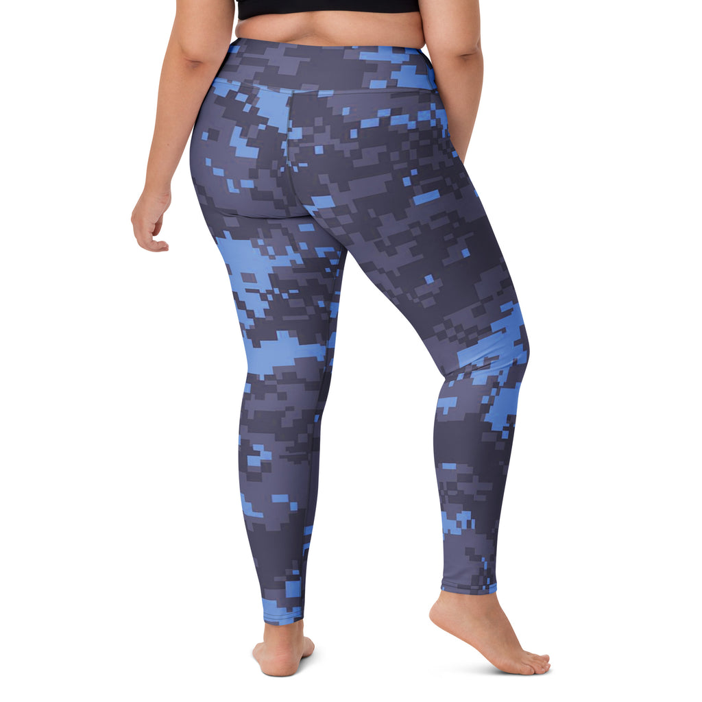 High-rise yoga leggings in navy digital camouflage with full-length tapered legs