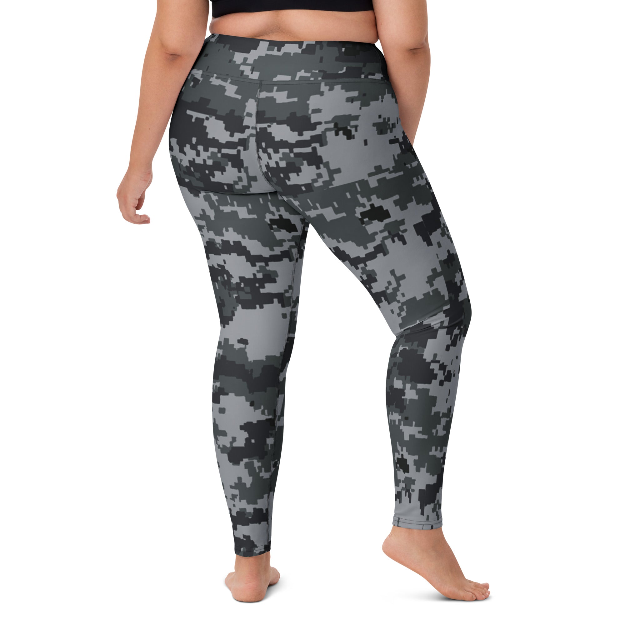 Digital camo yoga leggings, close view of tapered legs and high waistband