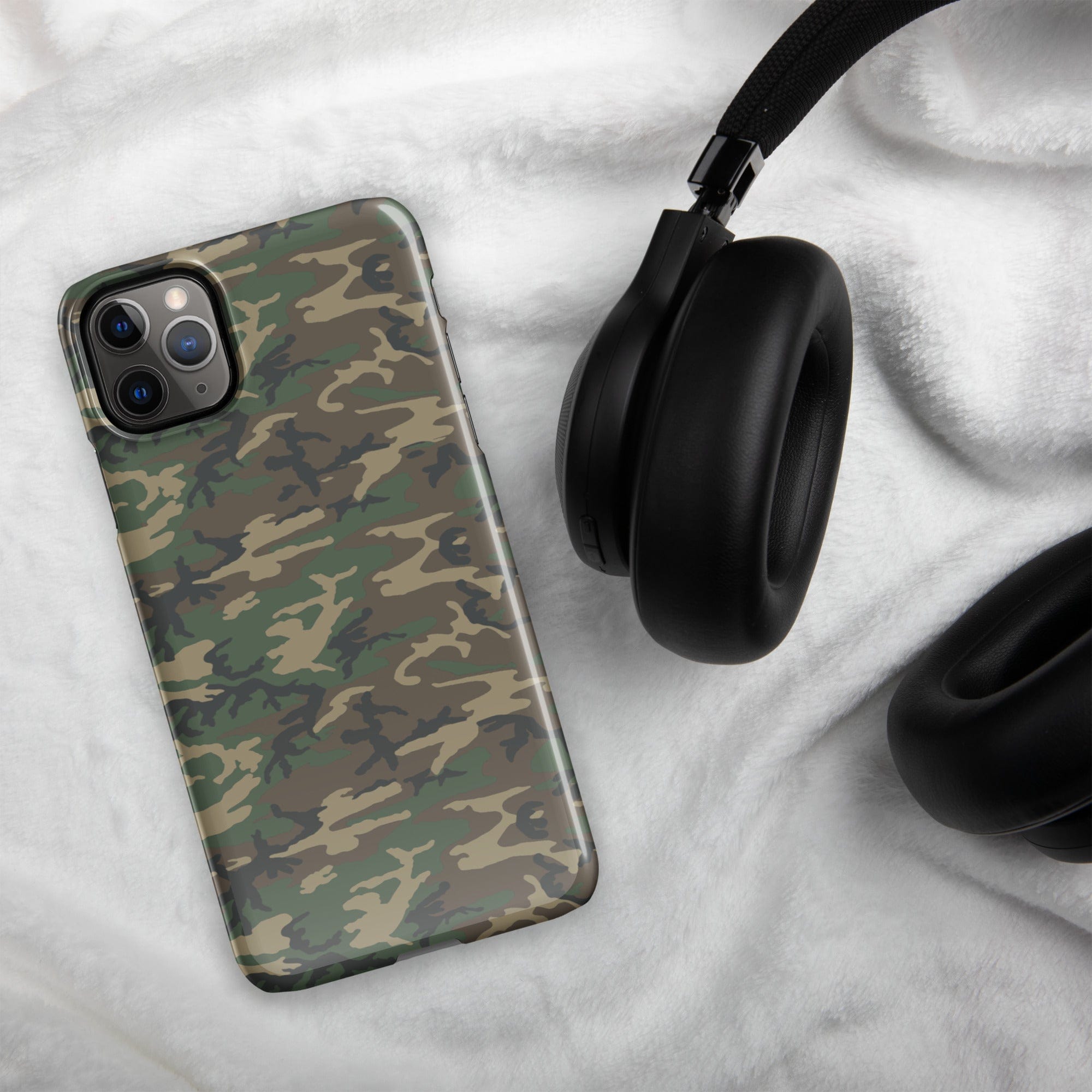 Army camouflage iPhone® snap case with dark green camo print and camera module opening