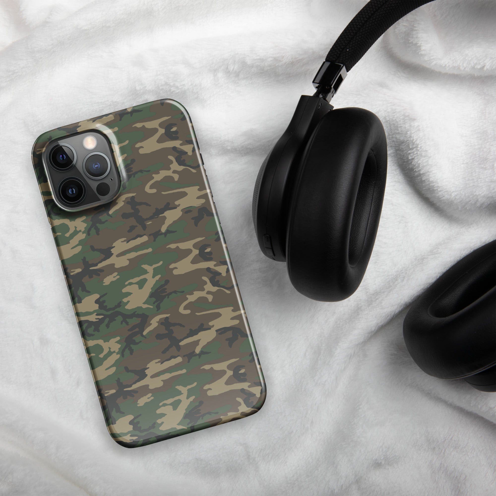 Camouflage snap case for iPhone® with rear triple camera cutouts, green-brown pattern
