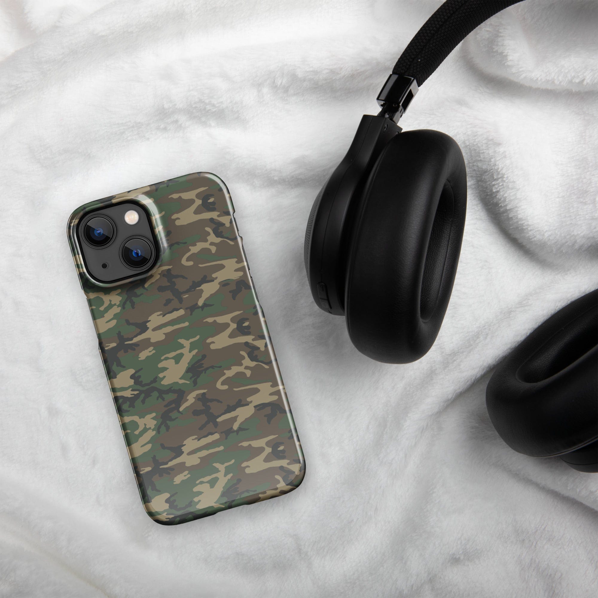 Army camouflage iPhone® snap case with tan and dark green camo and camera openings