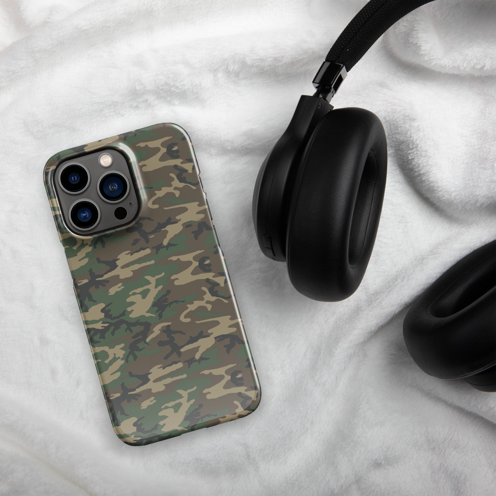 Camouflage snap case for iPhone® showing rear triple camera cutouts, green-brown pattern