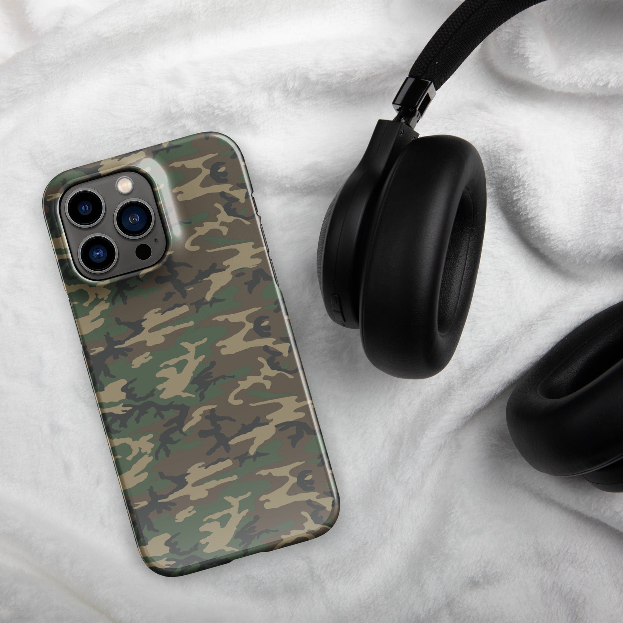 Camouflage snap case for iPhone® back cover with triple camera cutouts, green-brown camo