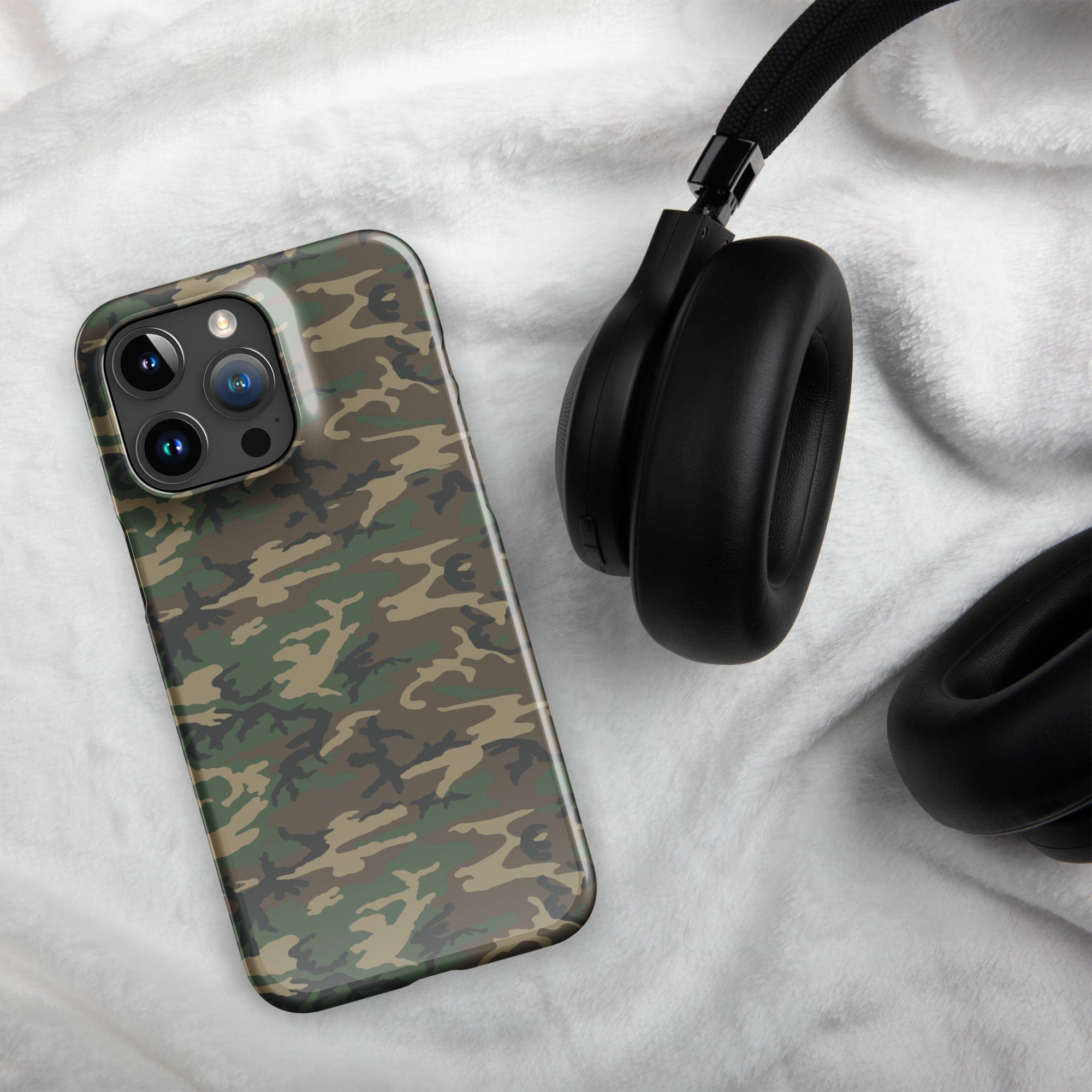 Camouflage snap phone case with raised edges, green and brown pattern, triple camera cutouts