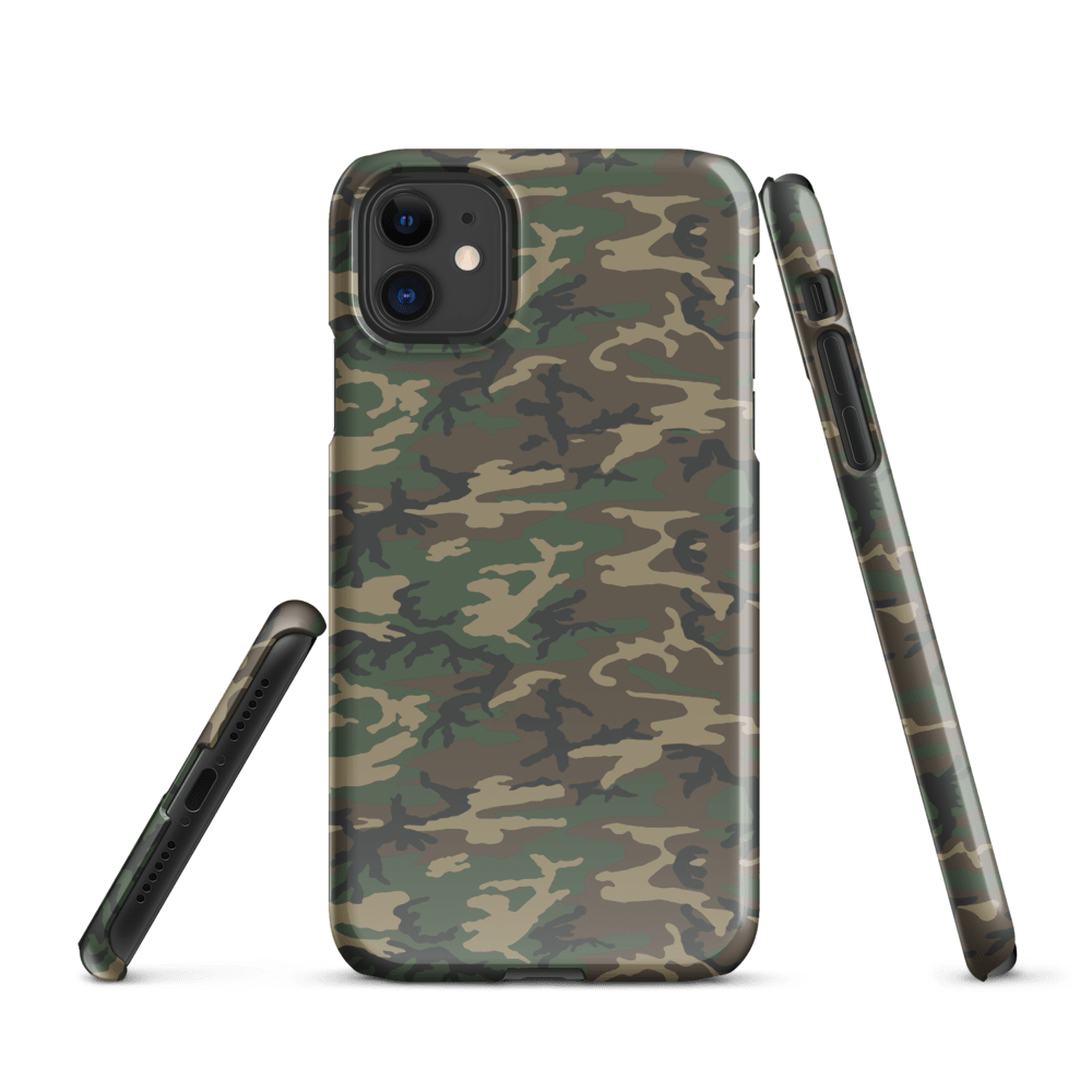 iPhone® snap case with army camouflage pattern, showing side profile openings