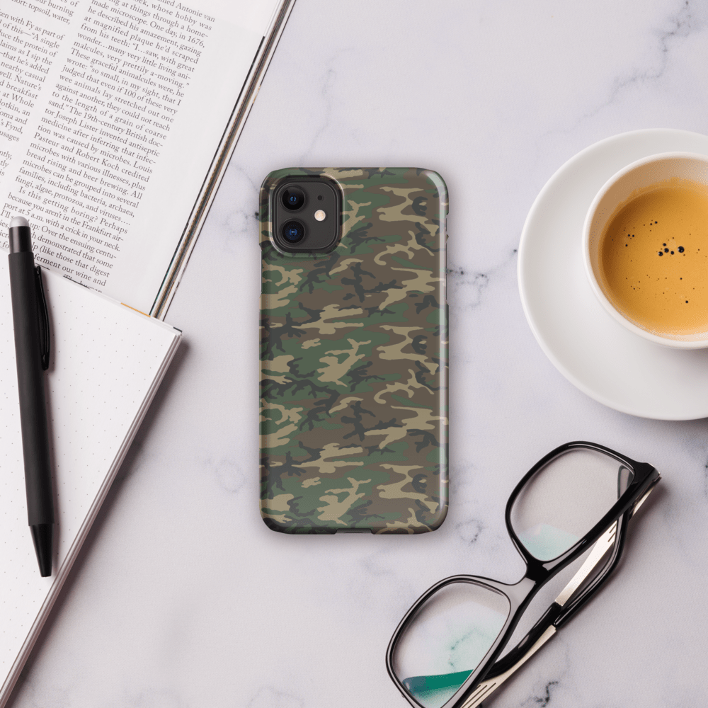 iPhone® snap case in army camouflage with raised edge around camera lenses
