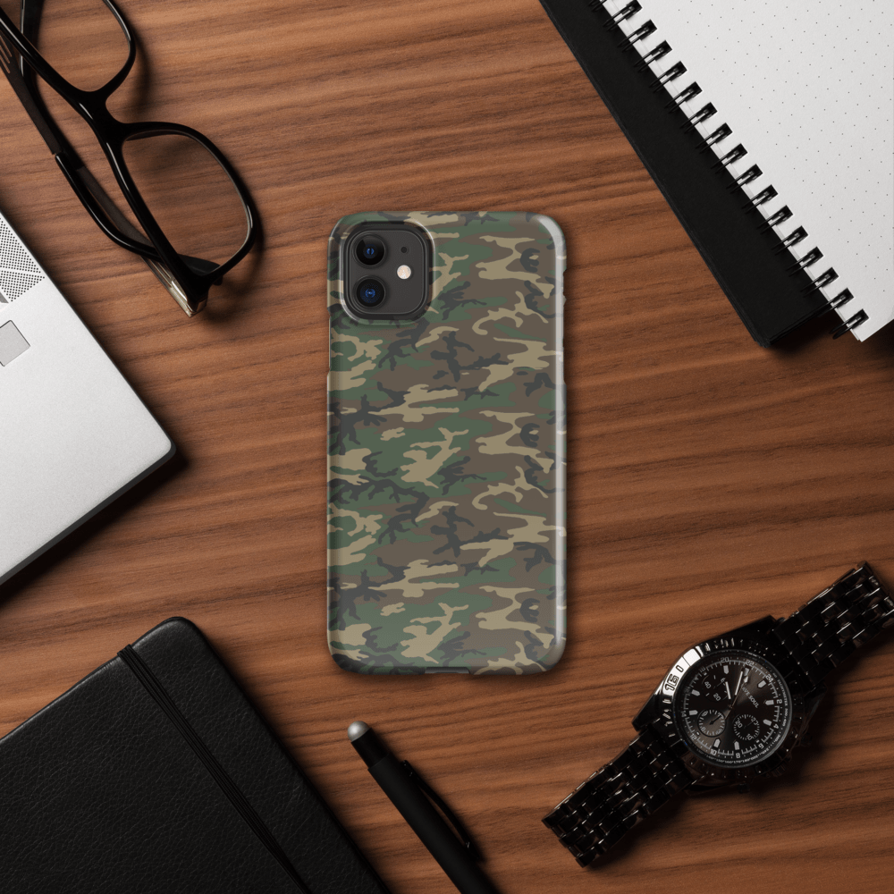 iPhone® snap case with army camouflage design and side button openings