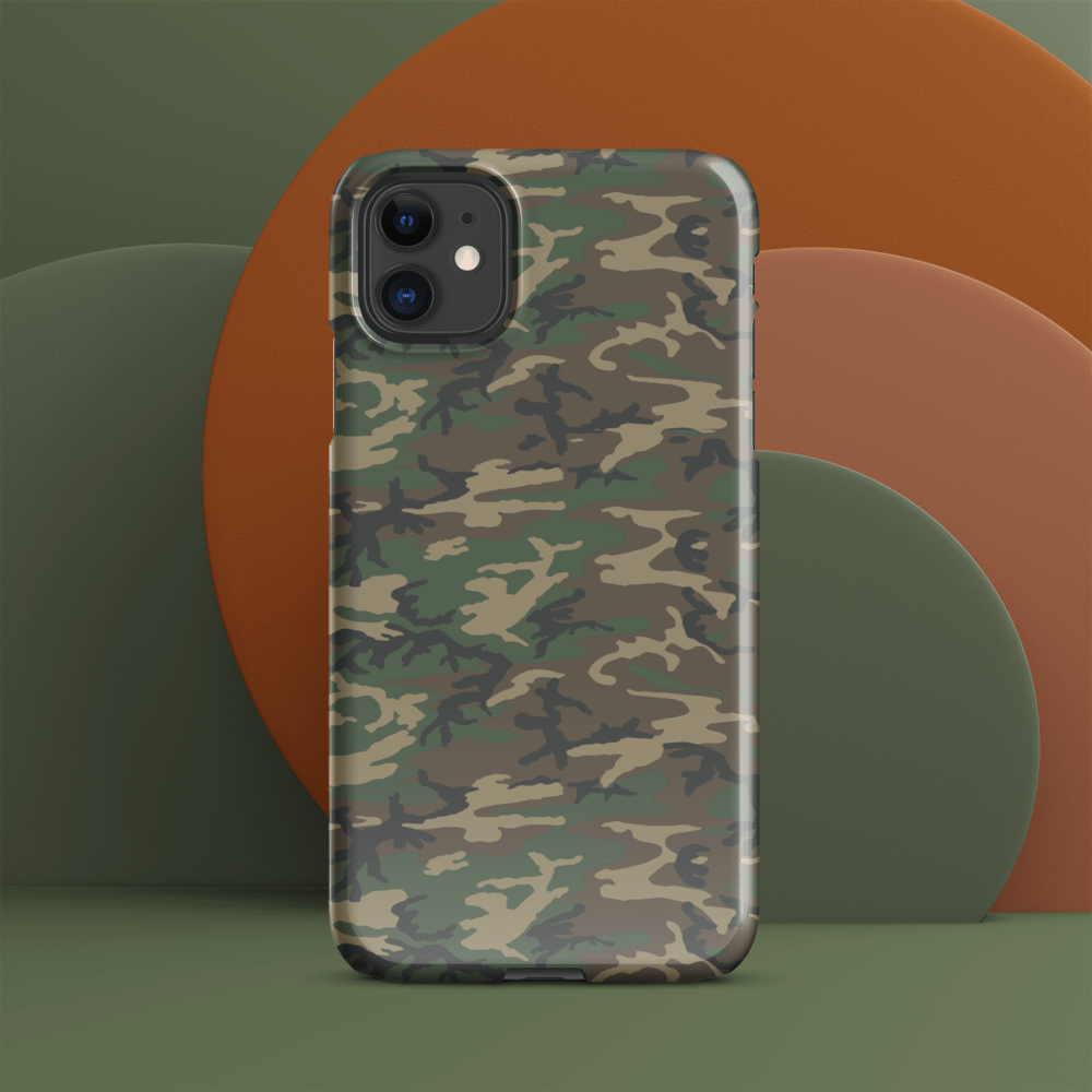 iPhone® snap case with army camouflage design, full back coverage and camera cutouts