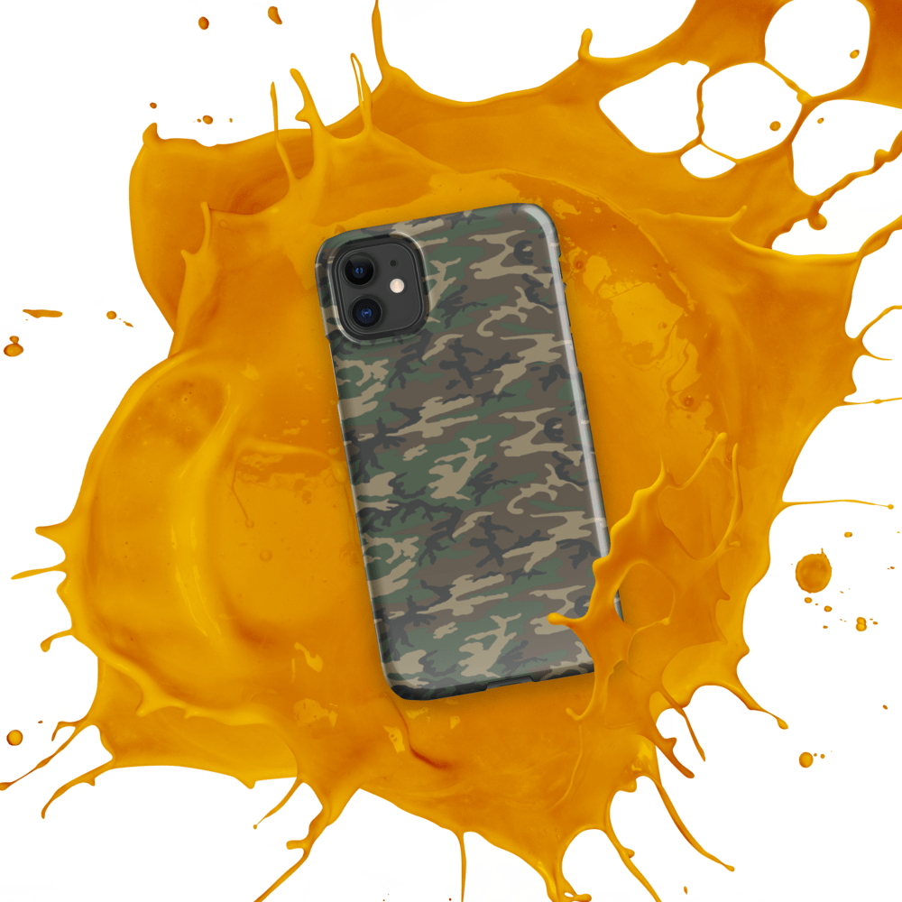 iPhone® snap case with army camouflage pattern over phone back and camera cutouts