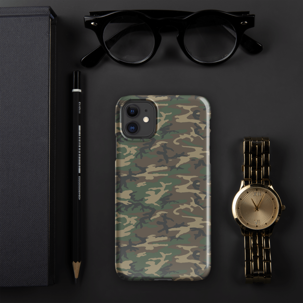iPhone® snap case with army camouflage pattern and lens cutouts on phone back