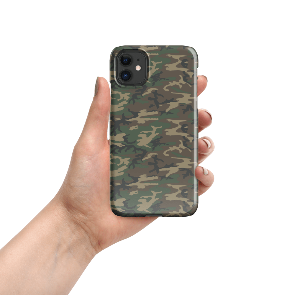 iPhone® snap case held in hand, army camouflage back with camera cutouts