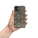 iPhone® snap case held in hand, army camouflage back with camera cutouts
