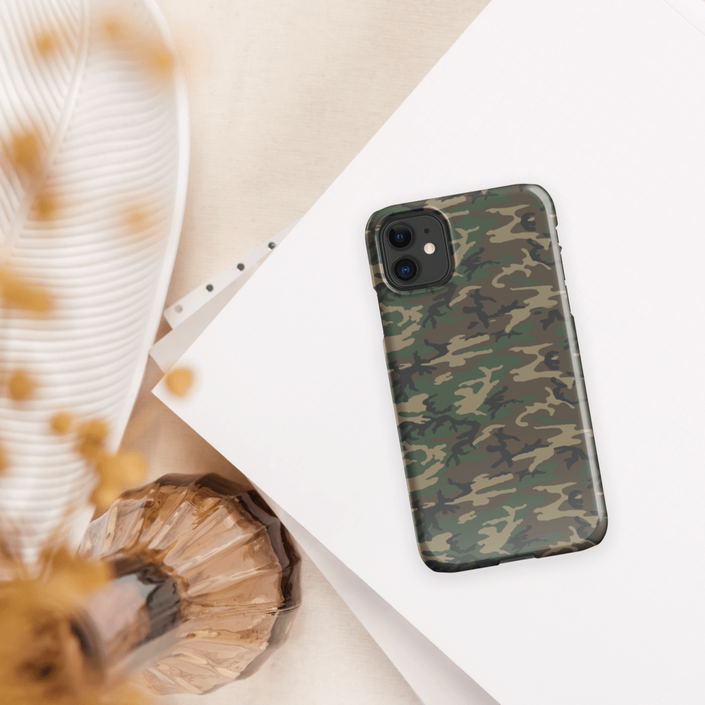 Army camouflage iPhone® snap case with dark green and tan camo design, snug back fit