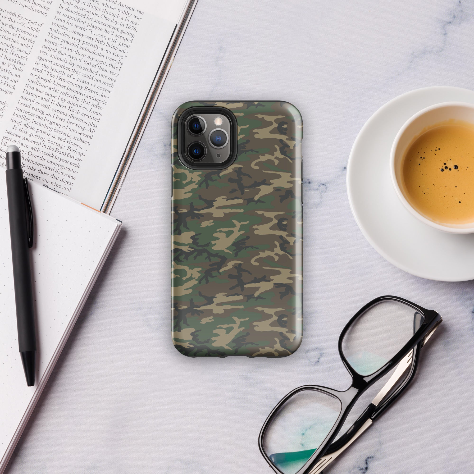 Army camouflage tough case back panel with green-brown camo print and lens openings