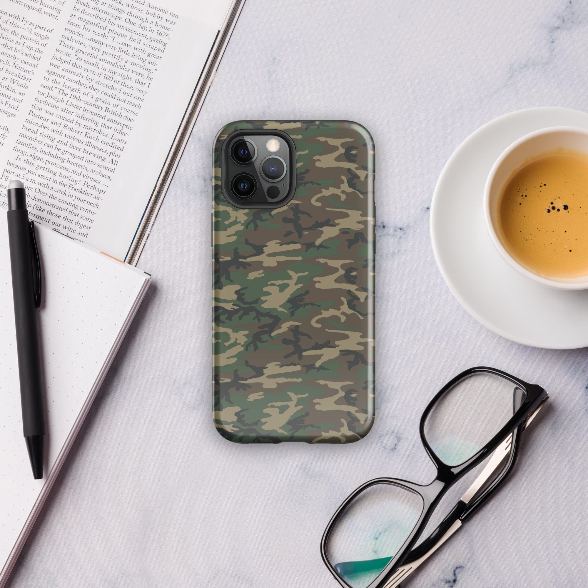 Army camouflage tough phone case with raised camera bezel, green and tan camo pattern