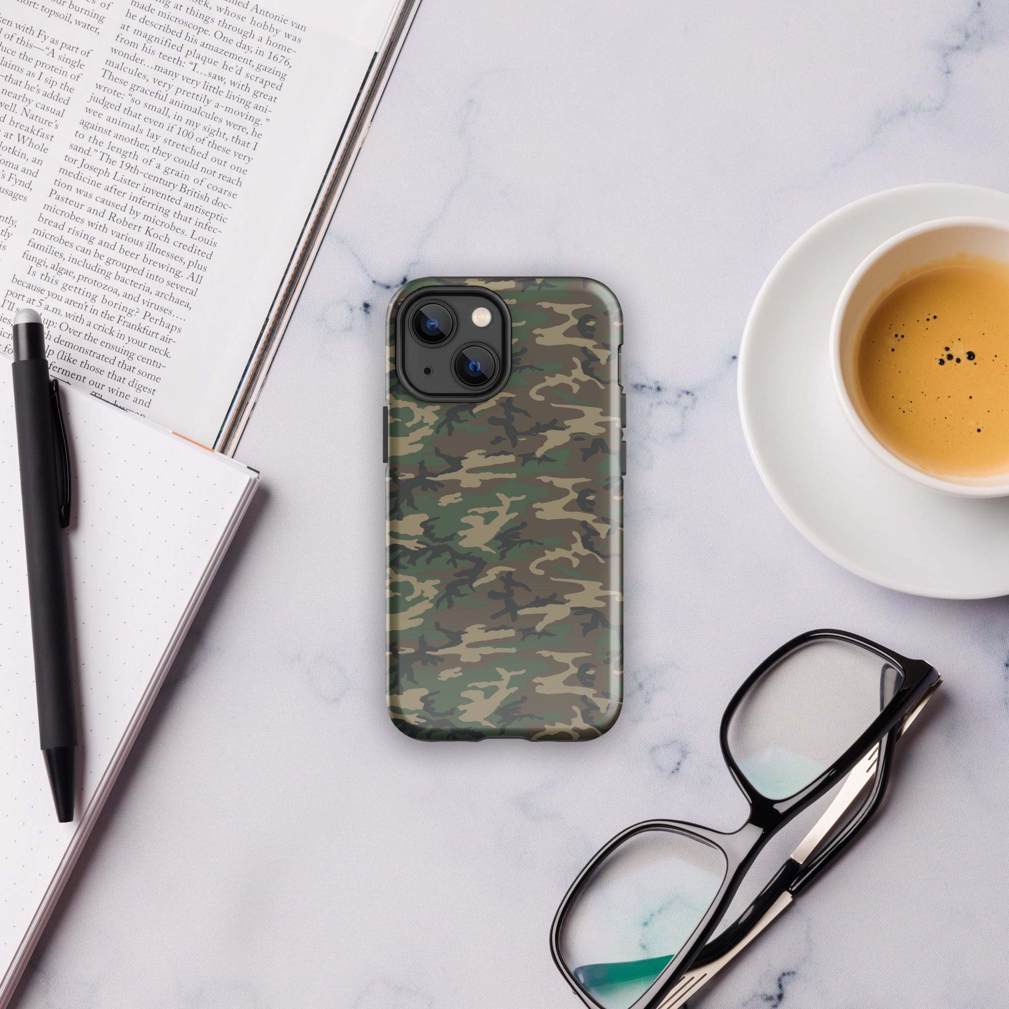 Army camouflage tough phone case with cutouts for camera and flash, green tan camo
