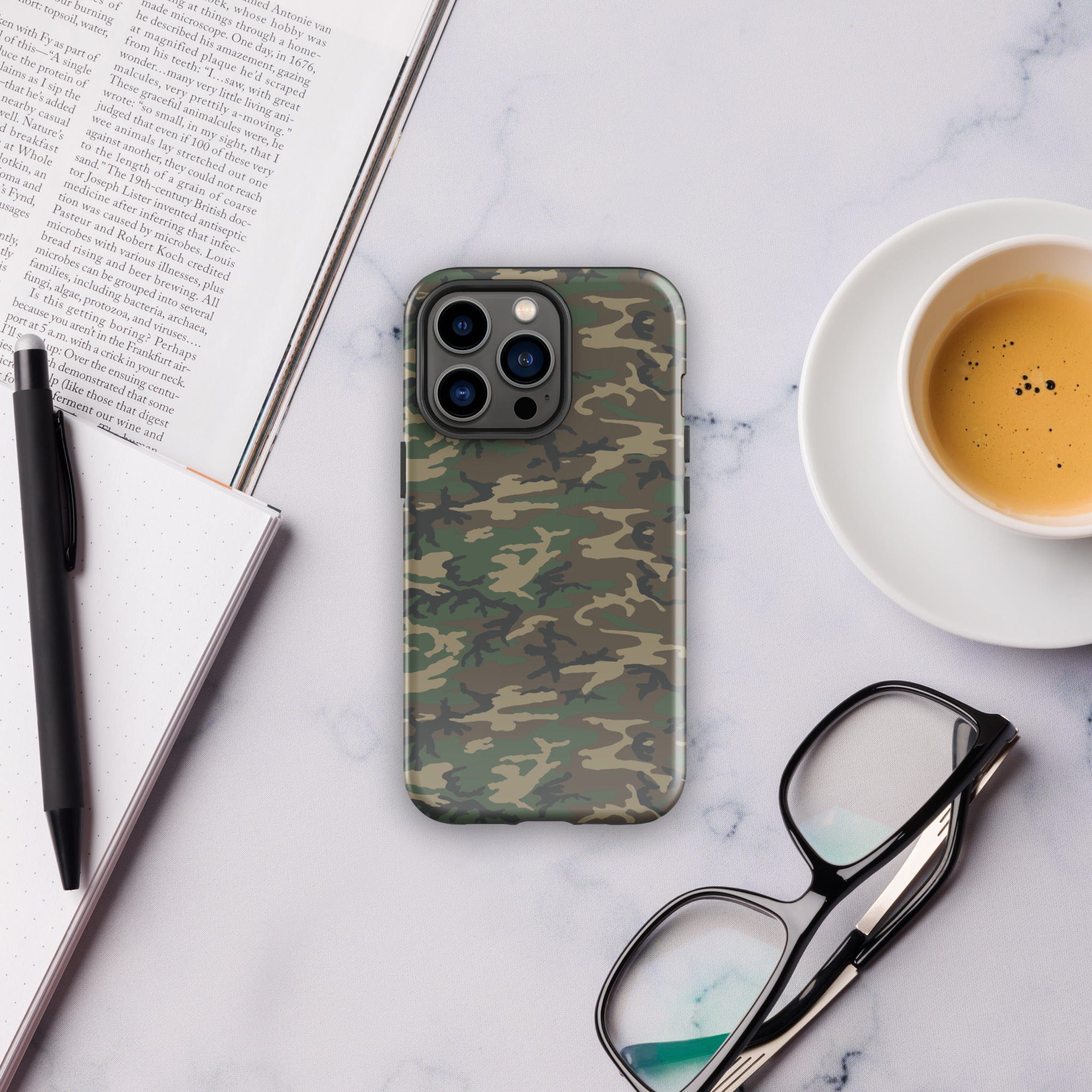 Army camouflage tough phone case, green and tan pattern with camera lens cutouts
