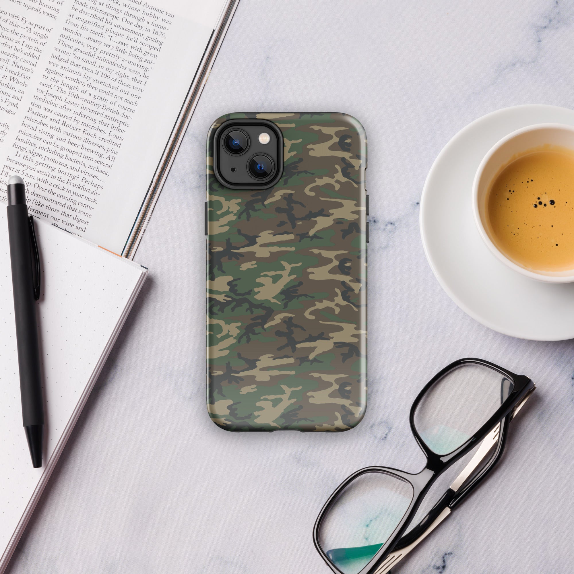 Army camouflage tough phone case featuring a green and tan camo design on back