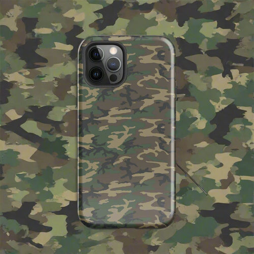 Army camouflage tough case back view with green-brown camo print and dual camera cutouts