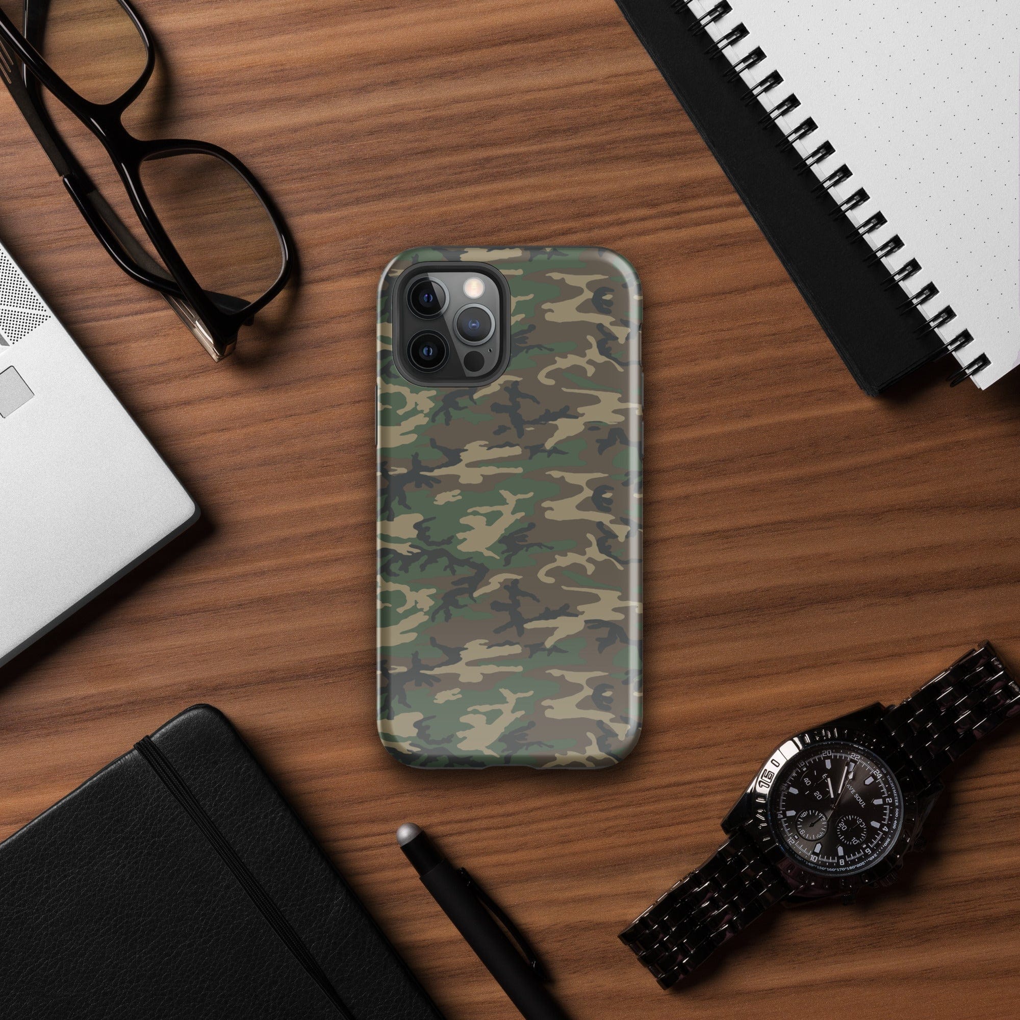 Army camouflage tough case with green and brown camo pattern and protective camera bump