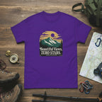 Purple hiking T-shirt with scenic logo and 'Beautiful Views, Zero Stars' text.