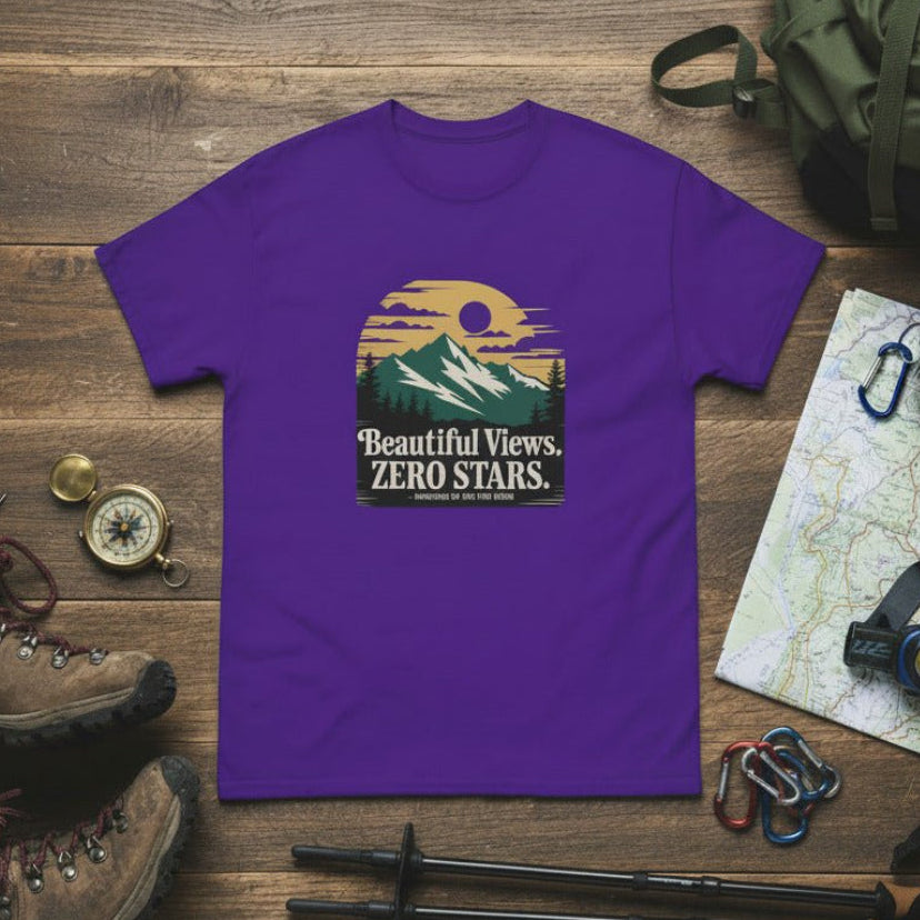 Purple hiking T-shirt with scenic logo and 'Beautiful Views, Zero Stars' text.