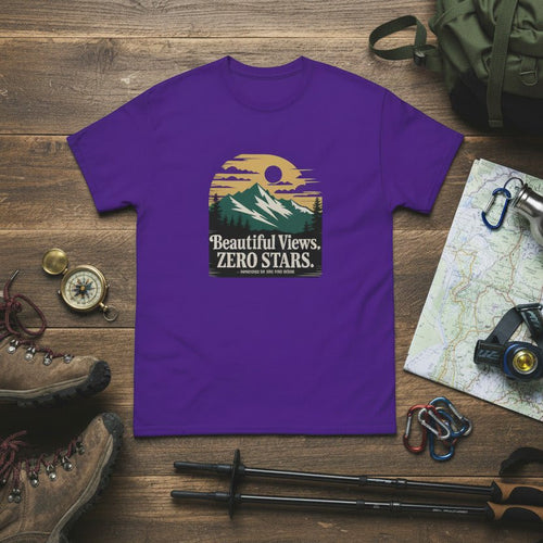 Purple crewneck hiking T-shirt with front mountain sun graphic and “ZERO STARS” text.