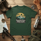 Forest green crewneck hiking T-shirt with front mountain sun graphic and “ZERO STARS” text.
