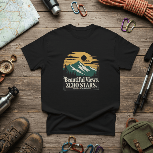 Black crewneck hiking T-shirt with front mountain sun graphic and “ZERO STARS” text.