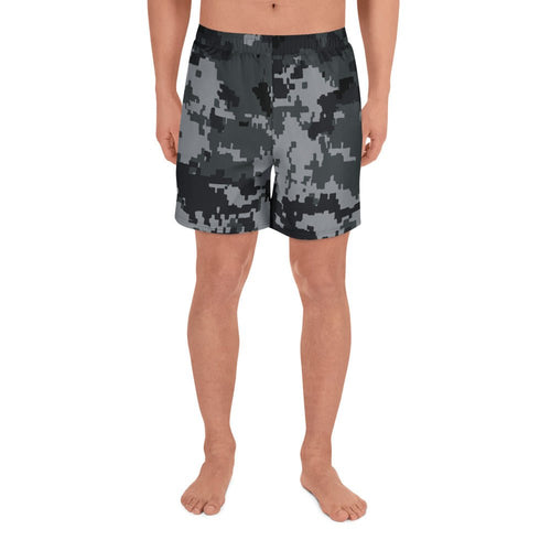 Dark digital camo athletic long shorts with elastic waistband and side pockets