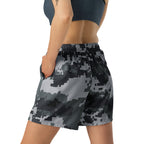 Digital camo athletic long shorts with elastic waistband, back view