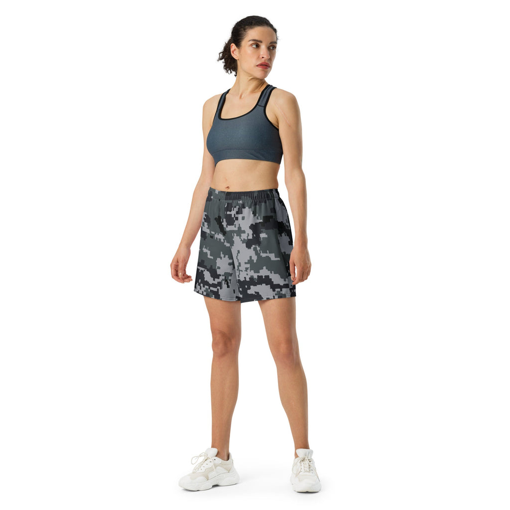 Digital camo athletic long shorts with elastic waistband, worn with a sports bra