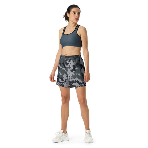 Digital camo athletic long shorts with elastic waistband, worn with a sports bra