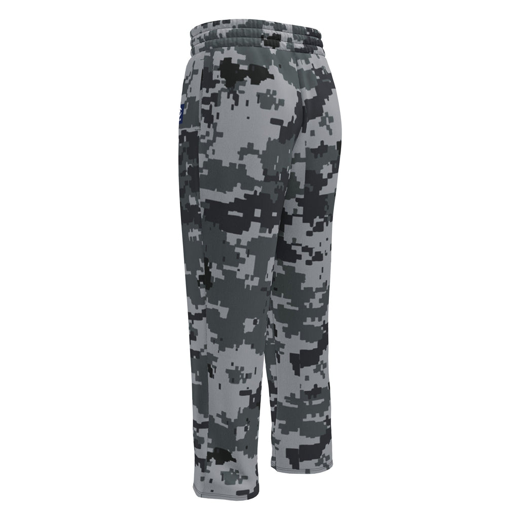 Digital camouflage wide-leg joggers, cuffed ankle length, dark gray and black