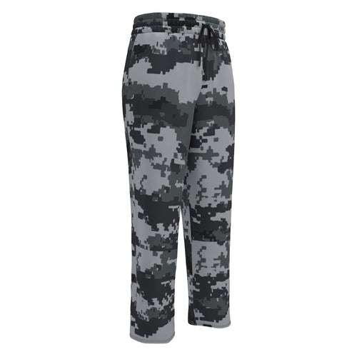Digital camo wide-leg joggers with elastic waistband and drawstring, dark gray tones.