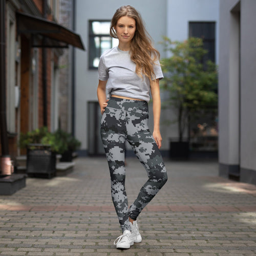 High-waist digital camo yoga leggings in dark gray and black, full-length