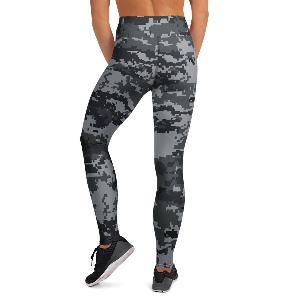 Digital camo yoga leggings, dark gray pixel print, front view with waistband
