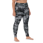 Digital camo yoga leggings in dark gray and black, close-up front, full-length