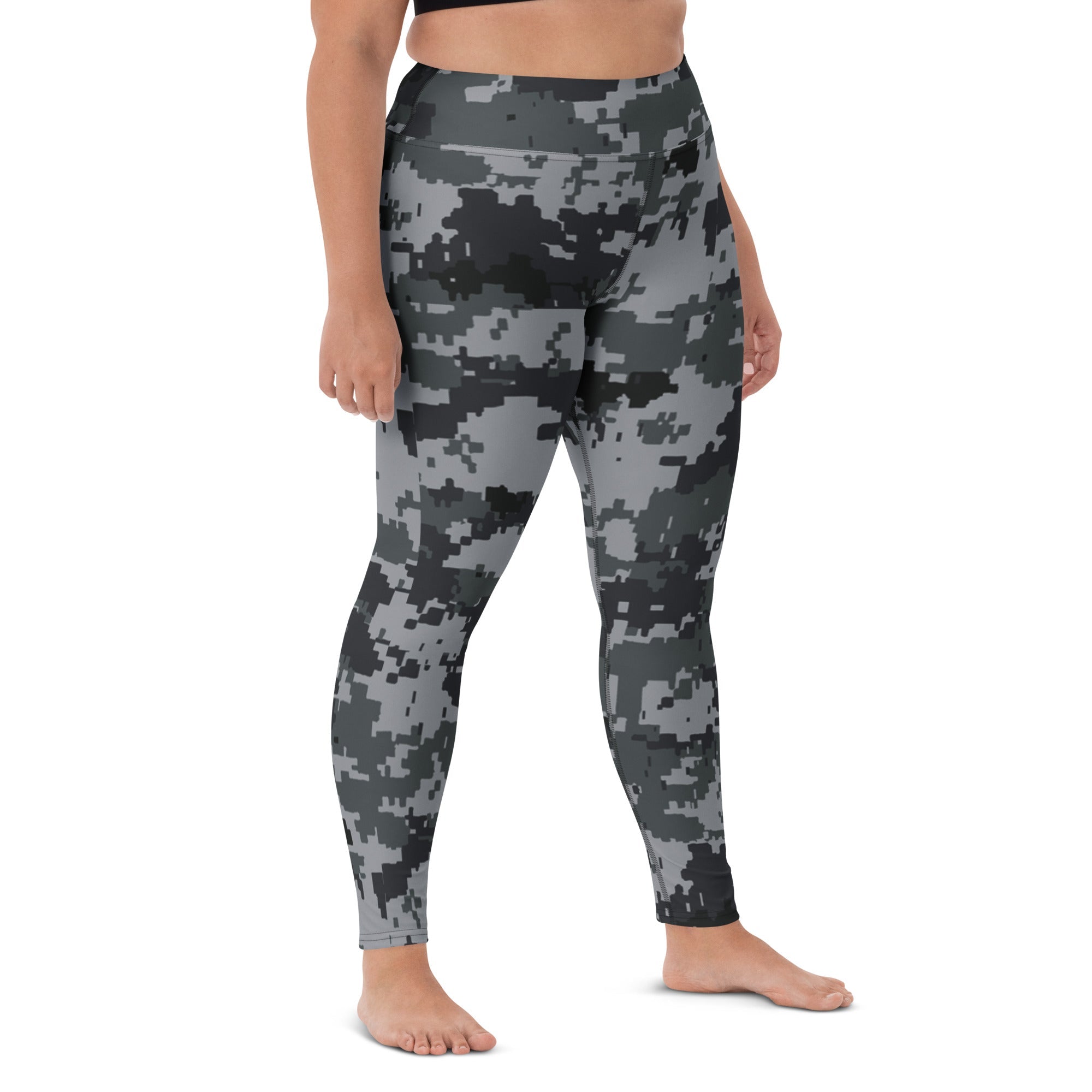 Digital camo yoga leggings in dark gray and black, close-up front, full-length