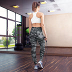 High-waist digital camo yoga leggings in dark gray and black, back view, full-length