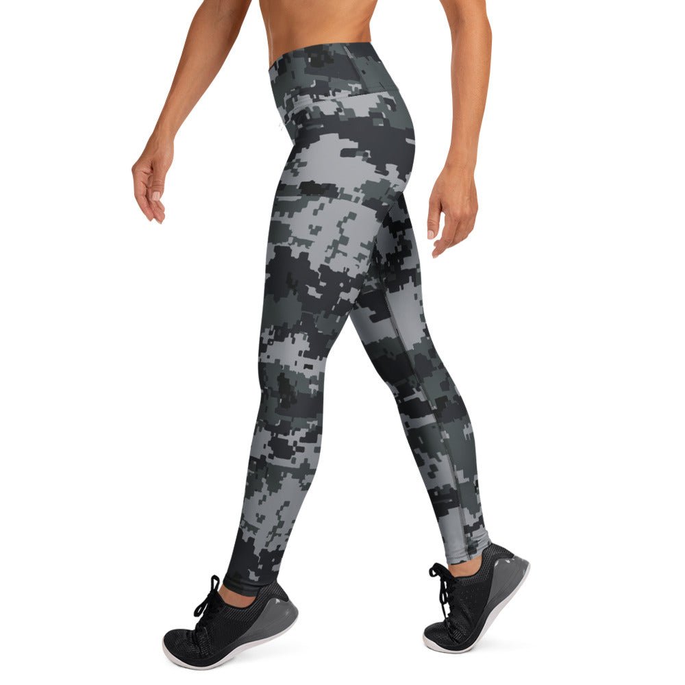 Digital camo yoga leggings, dark gray and black pixel pattern, full length