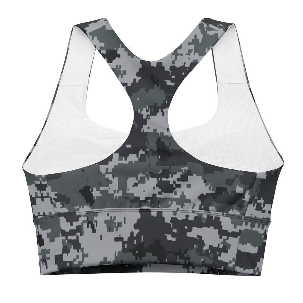 Front view longline sports bra with dark digital camo print and V-neck racerback