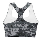 Front view longline sports bra with dark digital camo print and V-neck racerback