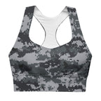 Longline sports bra in dark digital camo with racerback and wide underband.