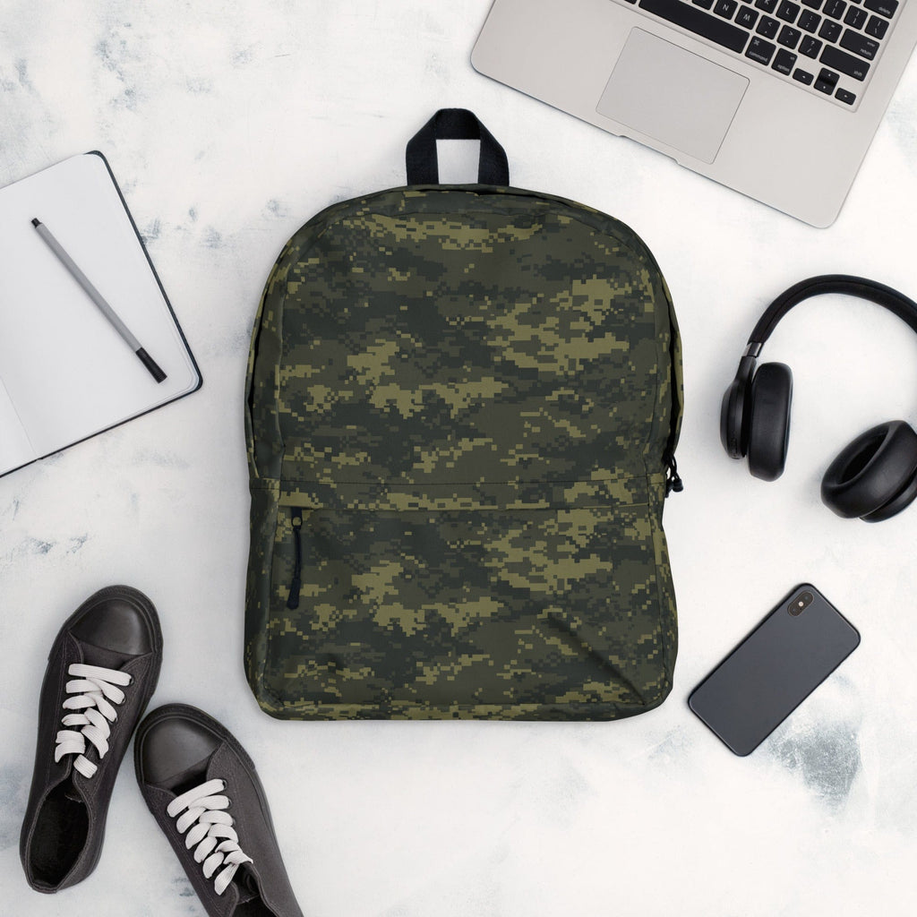 Digital camouflage backpack with top handle and front zipper pocket, olive-green.