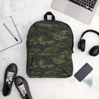 Digital camouflage backpack with top handle and front zipper pocket, olive-green.